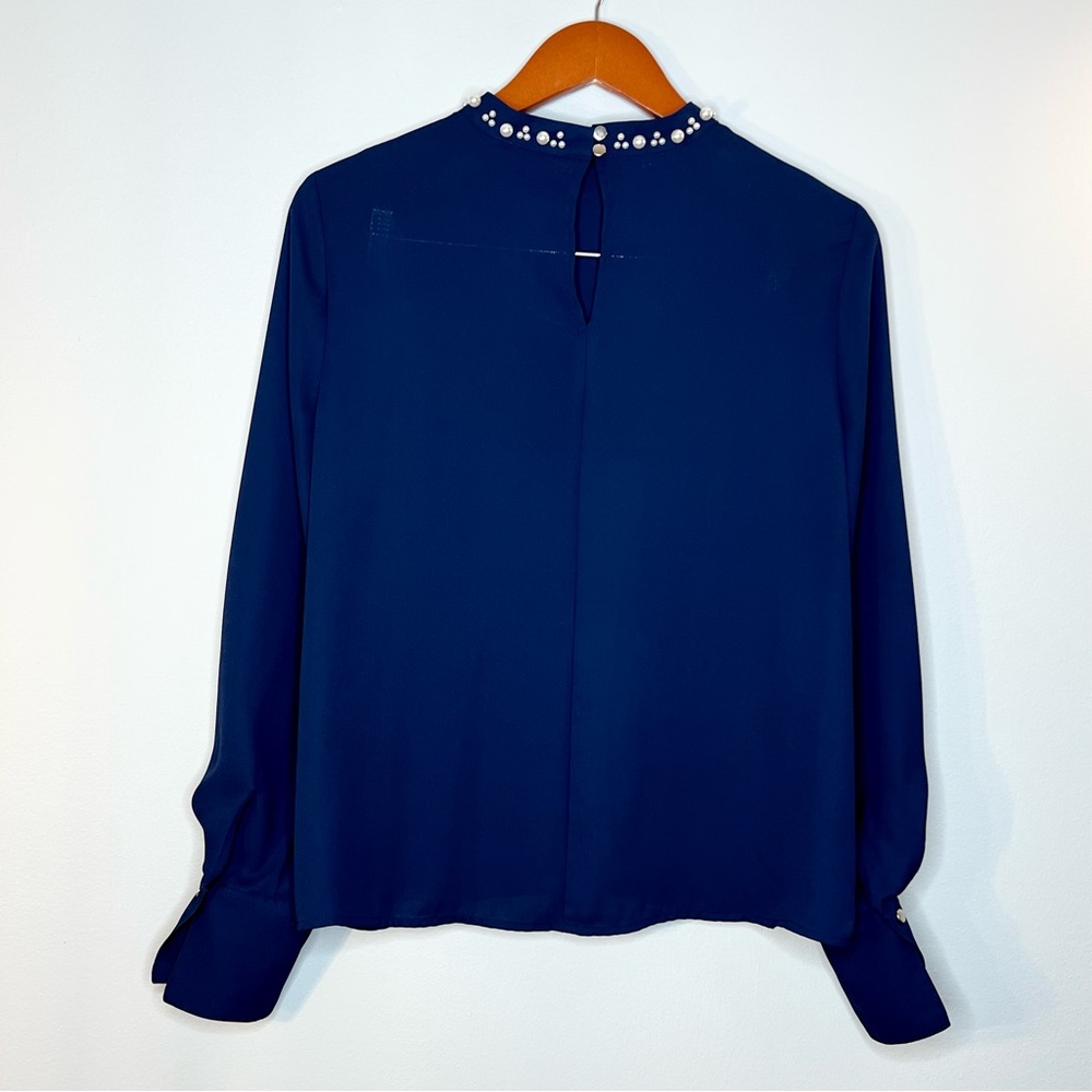 Worthington Embellished Beaded Blouse Sz S Navy Blue Mock Neck Bishop Sleeves - Picture 3 of 14